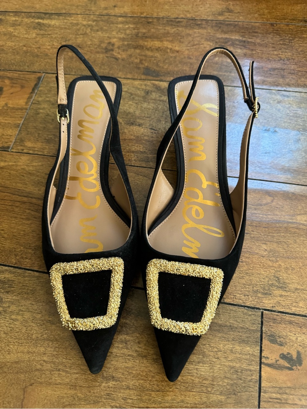 Sam Edelman Black Suede Pointed Slingback Kitten Heels with Gold Buckle